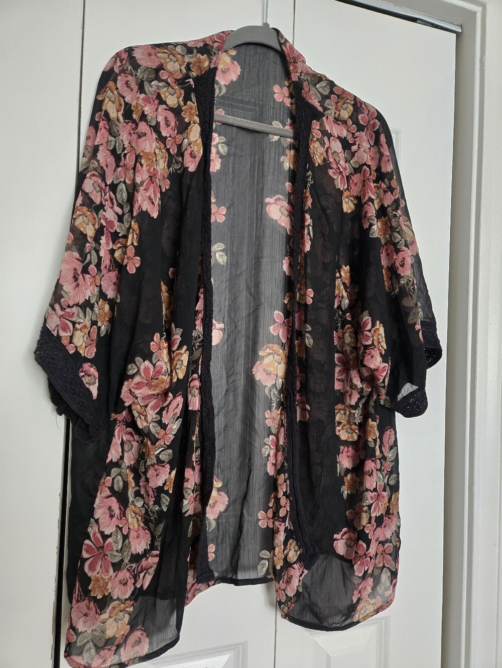 Maurices Floral Sheer Kimono Cardigan - Black with Pink Floral